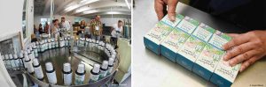 Abbildung der Produktion von Flüssigprodukten bei Dresdner Essenz an einem Tag der offenen Tür. Das Bild zeigt auf der linken Seite die Maschine, in der flüssige Badekonzentrate abgefüllt und verschraubt werden. Im Hintergrund stehen einige interessierte Besuchende, die sich die Maschine und den Prozess anschauen. Auf der rechten Seite sind die fertigen Produkte abgebildet, welche dann auch in einer entsprechenden Faltschachtel verpackt sind. Es handelt sich um das Badekonzentrat "Ruhe und Balance" und eine Person scheint diese gerade zu betrachten.
