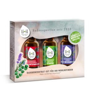 Abbildung des Badekonzentrat Set Li-iL Inhalt: 1x Badekonzentrat Muskelentspannung 1x Badekonzentrat Atemfrei 1x Badekonzentrat Ruhe + Entspannung