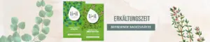 Die Badesalze Atemfrei mit Eukalyptus und Erkältungszeit mit Thymian sind abgebildet. In grauer Schrift steht daneben "Erkältungszeit" und darunter in einem grauen Kästchen in weißer Schrift "Befreiende Badezusätze". Der Hintergrund ist leicht beige und transparent und verschiedene Eukalyptus- und Thymian- Zweige sind ebenfalls im Hintergrund zu erkennen, teilweise auch wieder leicht transparent.